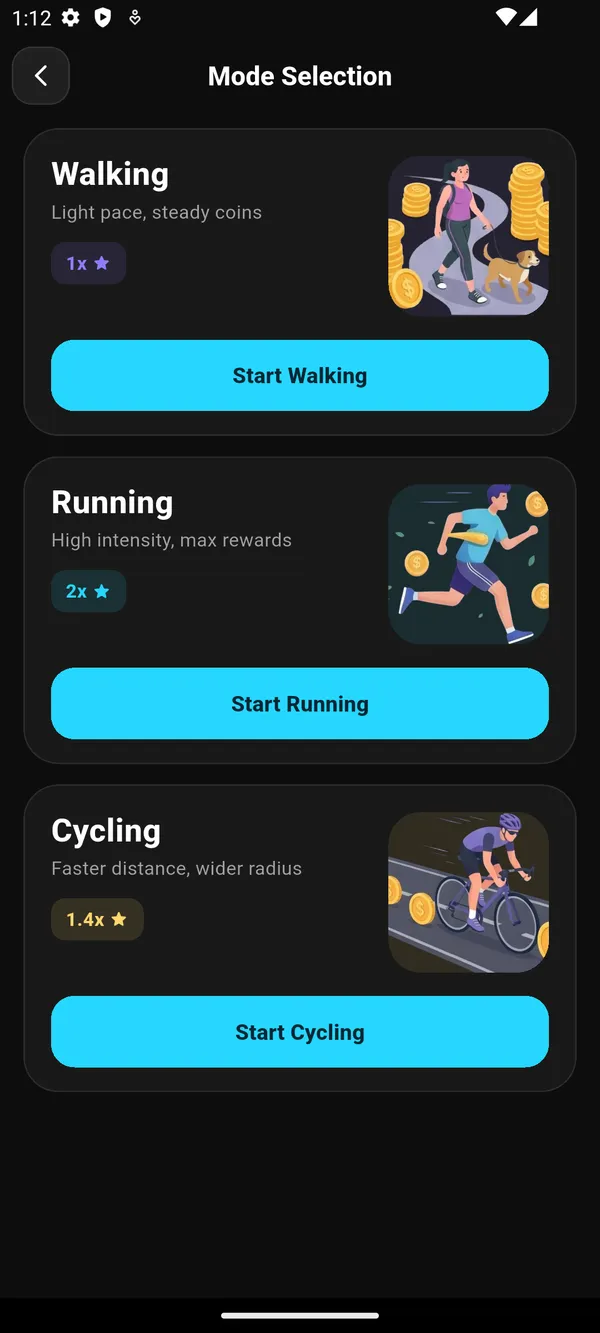 MoGerak activity modes — walk, run, cycle (dark)