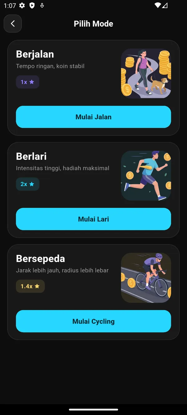 Mode aktivitas MoGerak — jalan, lari, sepeda (gelap)