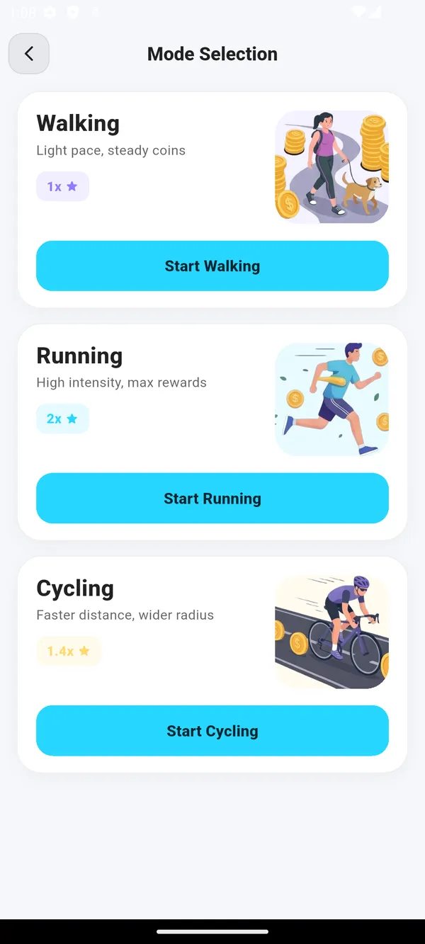 MoGerak activity modes — walk, run, cycle (light)