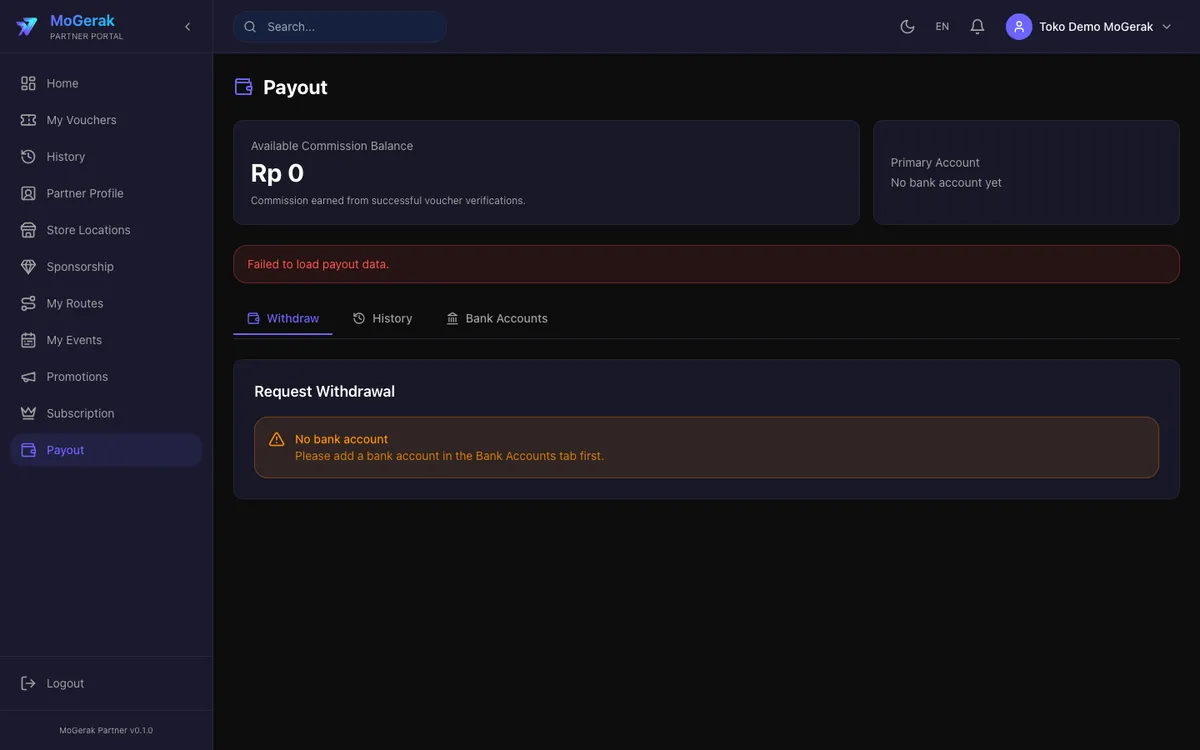 MoGerak partner dashboard — payouts & commission (dark)
