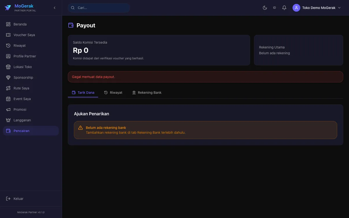 Dasbor partner MoGerak — payout & komisi (gelap)