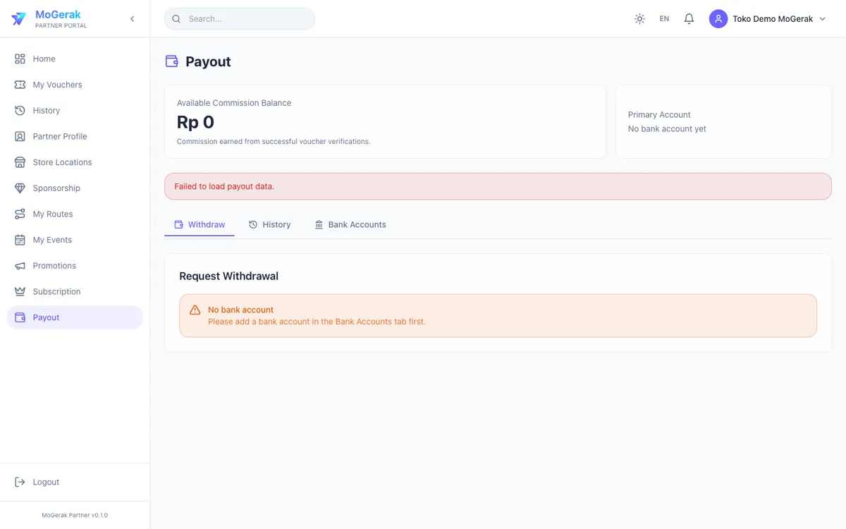 MoGerak partner dashboard — payouts & commission (light)