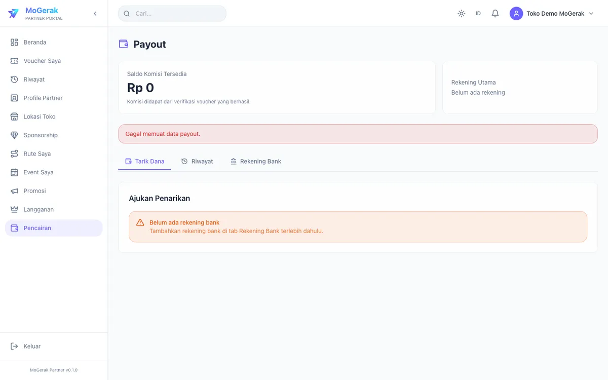 Dasbor partner MoGerak — payout & komisi (terang)