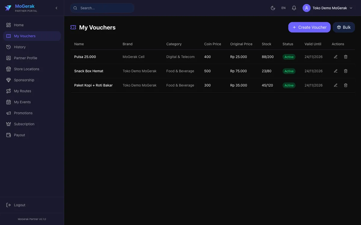 MoGerak partner dashboard — voucher management (dark)