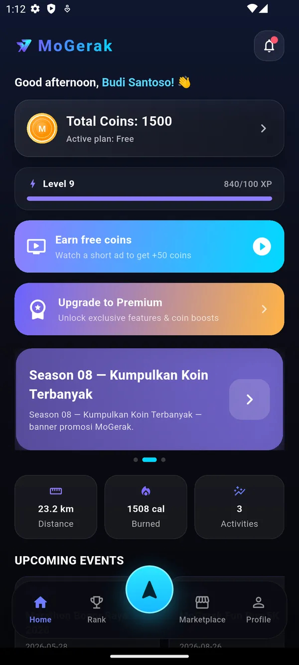 MoGerak app home screen (dark)