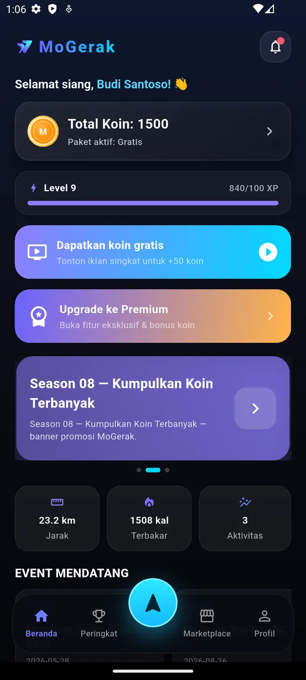 Tampilan beranda aplikasi MoGerak (gelap)
