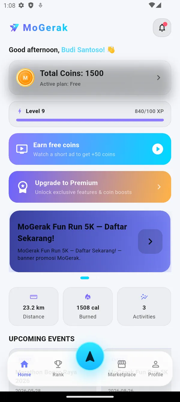 MoGerak app home screen (light)