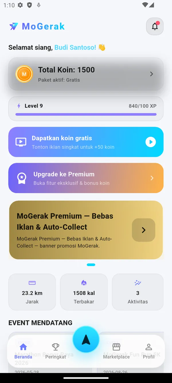 Tampilan beranda aplikasi MoGerak (terang)