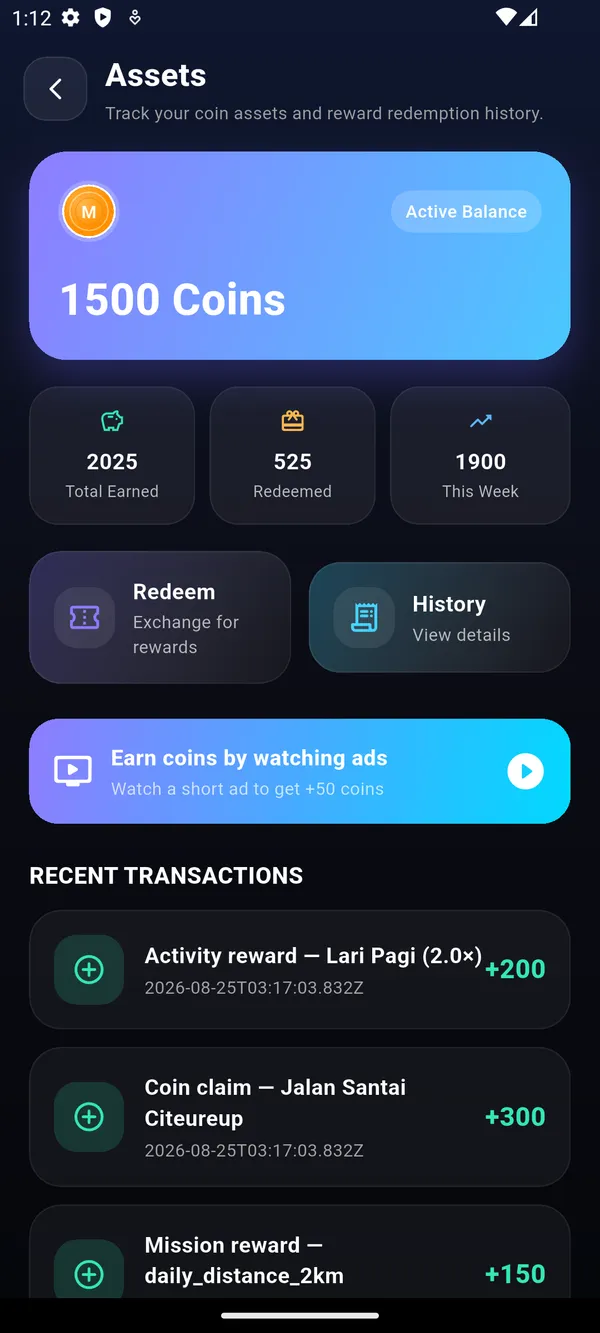 MoGerak wallet — coin balance and rewards (dark)