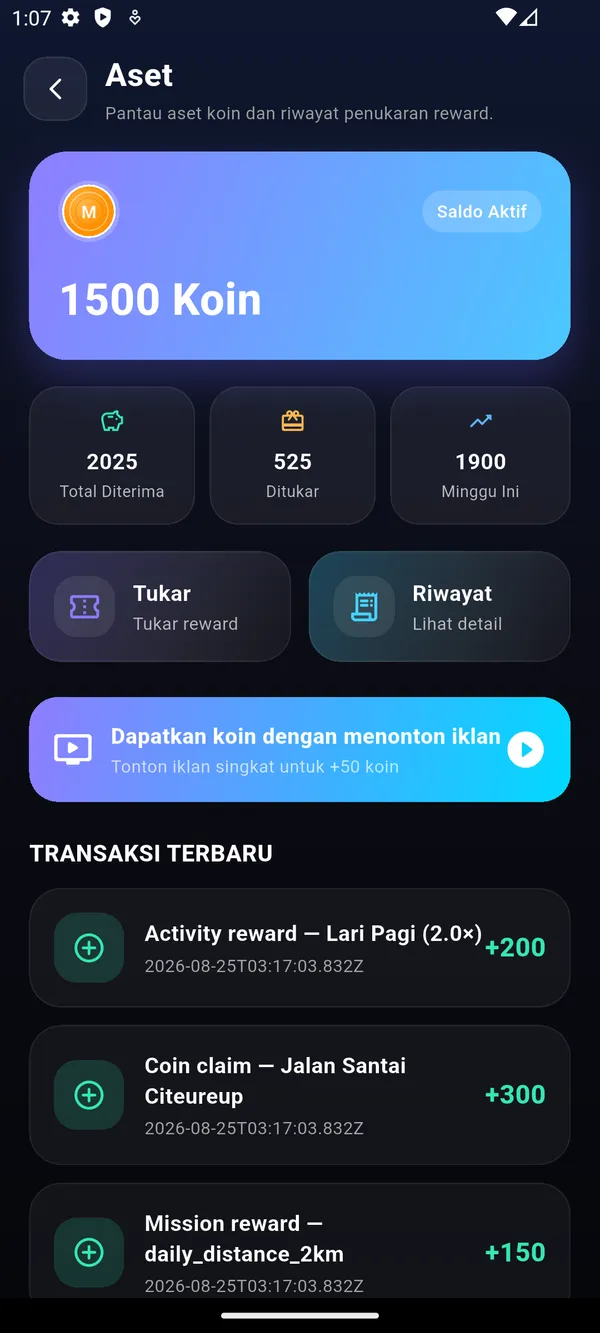 Dompet MoGerak — saldo koin dan hadiah (gelap)