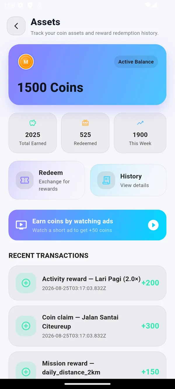 MoGerak wallet — coin balance and rewards (light)