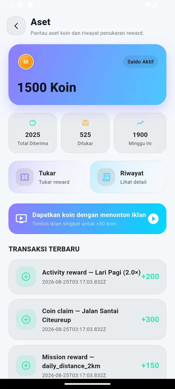 Dompet MoGerak — saldo koin dan hadiah (terang)